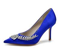 KUHAOFEU Women's Crystal Heels Closed Pointed Toe Pumps 3.3" Stiletto High Heels Slip on Wedding Dress Shoes,Blue,6 UK