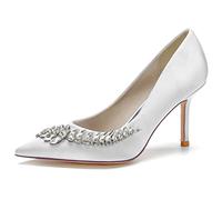 KUHAOFEU Women's Crystal Heels Closed Pointed Toe Pumps 3.3" Stiletto High Heels Slip on Wedding Dress Shoes,White,3 UK