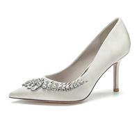 KUHAOFEU Women's Crystal Heels Closed Pointed Toe Pumps 3.3" Stiletto High Heels Slip on Wedding Dress Shoes,Ivory,3 UK