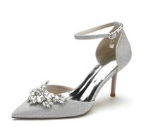 KUHAOFEU Women's Crystal Wedding Pumps Sparkly Sexy Pointed Toe Ankle Strap High Heels Stiletto Heel Bridal Party Dress Shoes,Silver,10 UK