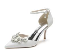 KUHAOFEU Women's Crystal Wedding Pumps Sparkly Sexy Pointed Toe Ankle Strap High Heels Stiletto Heel Bridal Party Dress Shoes,White,4 UK