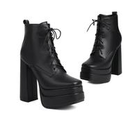 KUHAOFEU Women's Double Platform Ankle Boots Chunky Heel Booties Lace up Side Zipper Square Toe High Heel Casual Boots,Black PU,12 UK