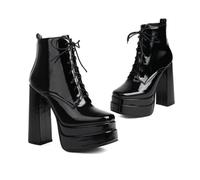 KUHAOFEU Women's Double Platform Ankle Boots Chunky Heel Booties Lace up Side Zipper Square Toe High Heel Casual Boots,Black Patent Leather,15 UK