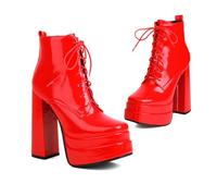 KUHAOFEU Women's Double Platform Ankle Boots Chunky Heel Booties Lace up Side Zipper Square Toe High Heel Casual Boots,Red,1 UK