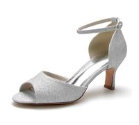 KUHAOFEU Women's Dressy Low Kitten Heels Ankle Strap Peep Toe Heeled Sandals for Bride on Wedding Party Evening,Silver,6 UK