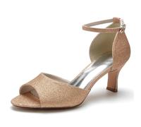 KUHAOFEU Women's Dressy Low Kitten Heels Ankle Strap Peep Toe Heeled Sandals for Bride on Wedding Party Evening,Champagne,5 UK