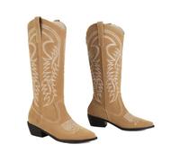 KUHAOFEU Women's Embroidered Western Cowboy Boots Mid Calf Chunky Heel Pull-Up Tabs Classic Cowgirl Boot,Brown,8 UK