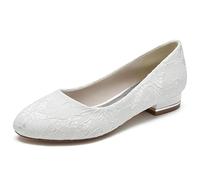 KUHAOFEU Women's Flats Shoes Cut Out Round Toe Slip On Floral Ballet Flat Comfortable Lace Satin Casual Flats,White,10 UK