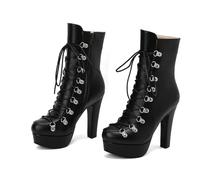 KUHAOFEU Womens Goth Leather Block Heel Punk Boots Round-Toe Platform Ankle Boots Lace Up Rivet Heeled Combat Boots with Zipper,Black,1 UK