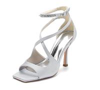 KUHAOFEU Women's Heeled Sandals, Open Toe Rhinestone Strappy Heels Stiletto High Heel Pumps Shoes for Dress Party Evening,Silver,3 UK