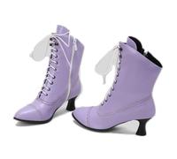 KUHAOFEU Women's Kitten Heels Lace Up Ankle Boots Low Heel Side Zipper Short Booties for Wedding Bridal,Purple,7 UK