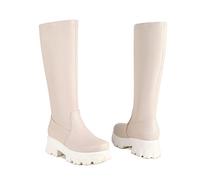 KUHAOFEU Women's Knee High Boots Side Zipper Chelsea Boots Goth Punk Flat Heel Platform Mid Calf Long Riding Boots,Beige,9 UK