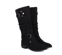 KUHAOFEU Women's Knee High Boots Stretchy Fashion Riding Boot Flat Low Heel Buckle Strap Winter Motorcycle Shoes,Black,3 UK