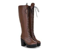KUHAOFEU Women's Knee High Combat Boots Lace Up Platform Block Heel Motorcycle Riding Boot Biker Boots with Side Zipper,Brown,6 UK