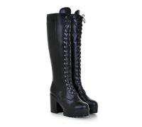 KUHAOFEU Women's Knee High Combat Boots Lace Up Platform Block Heel Motorcycle Riding Boot Biker Boots with Side Zipper,Black,4 UK