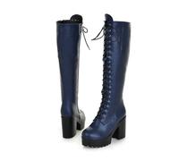 KUHAOFEU Women's Knee High Combat Boots Lace Up Platform Block Heel Motorcycle Riding Boot Biker Boots with Side Zipper,Blue,5 UK