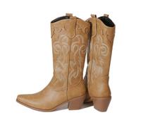 KUHAOFEU Women's Knee-high Cowboy Boots Cowgirl Mid Calf Boots Embroidery Pointed Toe Chunky Heel Ladies Western Boot,Yellow,7 UK