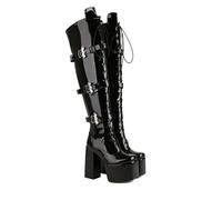 KUHAOFEU Women's Knee High Gothic Platform Boots with Bat Buckles Knight Combat Boots,Black Patent Leather,9 UK