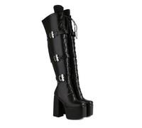 KUHAOFEU Women's Knee High Gothic Platform Boots with Bat Buckles Knight Combat Boots,Black PU Leather,13 UK