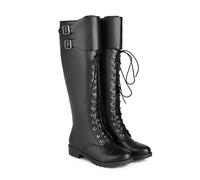 KUHAOFEU Womens Knee High Knight Boots Lace-Up Flat Long Boot Low Heel PU Leather Riding Boot,Black,8 UK