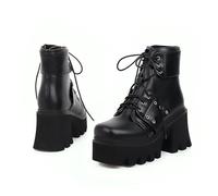 KUHAOFEU Women's Lace Up Ankle Booties Platform Chunky High Heel Punk Goth Boots with Side Zipper,Black Faux Leather,5 UK