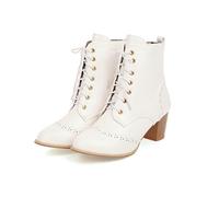 KUHAOFEU Women's Lace Up Booties Stacked Chunky Heel Dress Ankle Boots Short Boots,White,6 UK