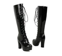 KUHAOFEU Women's Lace Up Knee High Boots Platform Chunky High Heel Rounded Toe Fashion Patent Leather Long Boots with Zipper,Black,5 UK