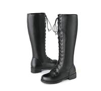 KUHAOFEU Womens Lace Up Mid Calf Boots Fashion Goth Punk Biker Boots Military Combat Knee High Boots,Black,9 UK