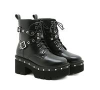 KUHAOFEU Women's Leather Rivet Platform Goth Ankle Booties Side Zip Round Toe Chunky Heels Punk Booties Lace-Up Buckle Combat Boots,Black,10 UK