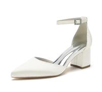 KUHAOFEU Women's Low Block Heel Dress Shoes Pointed Toe Office Work Church Pumps Chunky Ankle Strap Wedding Bridal Shoes,Ivory,5 UK
