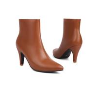 KUHAOFEU Womens Low Kitten Heel Short Boots Pointed Toe Ankle Boots Leather Dress Booties With Zipper,Brown,12 UK
