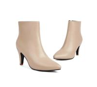 KUHAOFEU Womens Low Kitten Heel Short Boots Pointed Toe Ankle Boots Leather Dress Booties With Zipper,Beige,1 UK