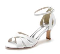 KUHAOFEU Women's Low Kitten Strappy Heels Sandals Open Toe Ankle Strap Bridal Dress Wedding Shoes For Women,White,10 UK