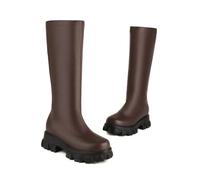 KUHAOFEU Women's Lug Sole Combat Mid Calf Boots Flat Platform Slouchy Riding Boots Slip On Chunky Booties,Brown,10 UK