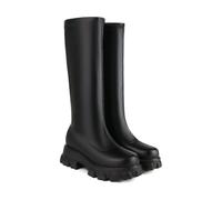 KUHAOFEU Women's Lug Sole Combat Mid Calf Boots Flat Platform Slouchy Riding Boots Slip On Chunky Booties,Black,2 UK