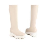 KUHAOFEU Women's Lug Sole Combat Mid Calf Boots Flat Platform Slouchy Riding Boots Slip On Chunky Booties,Beige,9 UK