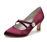 KUHAOFEU Women's Mary Jane Shoes Kitten Heel Closed Round Toe Low Heels Cross Strap Office Work Church Wedding Pumps,Burgundy,6 UK