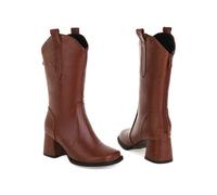 KUHAOFEU Women's Modern Western Cowboy Boots, Mid Calf Square Toe Chunky Heel Cowgirl Country Ankle Boots with Pull On Tabs,Brown,6 UK