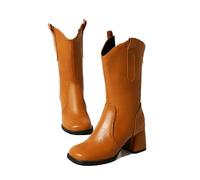 KUHAOFEU Women's Modern Western Cowboy Boots, Mid Calf Square Toe Chunky Heel Cowgirl Country Ankle Boots with Pull On Tabs,Yellow,3 UK