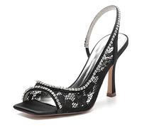 KUHAOFEU Womens Open Toe Slip on Bridal Pumps Lace Stiletto High Heel Wedding Party Shoes Slingback Rhinestone Summer Heeled Sandals,Black,7 UK