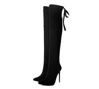 KUHAOFEU Women's Over The Knee Stretch High Boots Pointed Toe Sexy Stiletto High Heel Lace Up Fall Boots for Cosplay Dance Party,Black Suede,8 UK