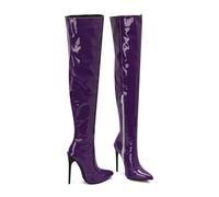 KUHAOFEU Women's Patent Leather Thigh High Boots Pointy Toe Side Zippe Sexy Stiletto High Heel Over The Knee Boots,Purple,7 UK
