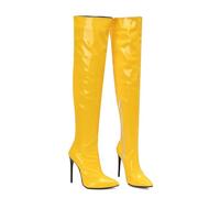 KUHAOFEU Women's Patent Leather Thigh High Boots Pointy Toe Side Zippe Sexy Stiletto High Heel Over The Knee Boots,Yellow,13 UK