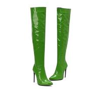 KUHAOFEU Women's Patent Leather Thigh High Boots Pointy Toe Side Zippe Sexy Stiletto High Heel Over The Knee Boots,Green,12 UK