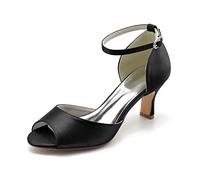 KUHAOFEU Women's Peep Toe Ankle Strap Pumps Mid Kitten Heel Satin Wedding Bridal Sandals for Evening Prom Party,Black,8 UK