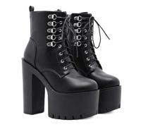 KUHAOFEU Women's Platform Ankle Boots Fashion Chunky Heel Lug Sole Combat Boots Lace Up High Heeled Booties,Black,4 UK
