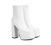 KUHAOFEU Women's Platform Ankle Boots High Chunky Heels Square Toe Comfort Party Dress Booties,White,4 UK