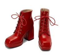 KUHAOFEU Women's Platform Ankle Boots Lace Up Chunky High Heels Square Toe Comfort Party Dress Booties,Red,1 UK