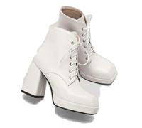 KUHAOFEU Women's Platform Ankle Boots Lace Up Chunky High Heels Square Toe Comfort Party Dress Booties,White,8 UK