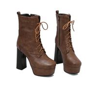 KUHAOFEU Women's Platform Ankle Boots with High Chunky Heel Fashion Lace-up Square toe Pu Leather Booties,Brown,12 UK